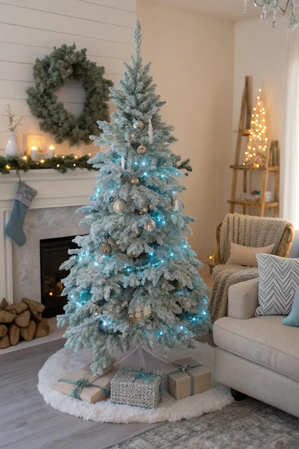 A serene Christmas tree showcasing iced branches and icy azure lights, fashioning a magical winter wonderland indoors.