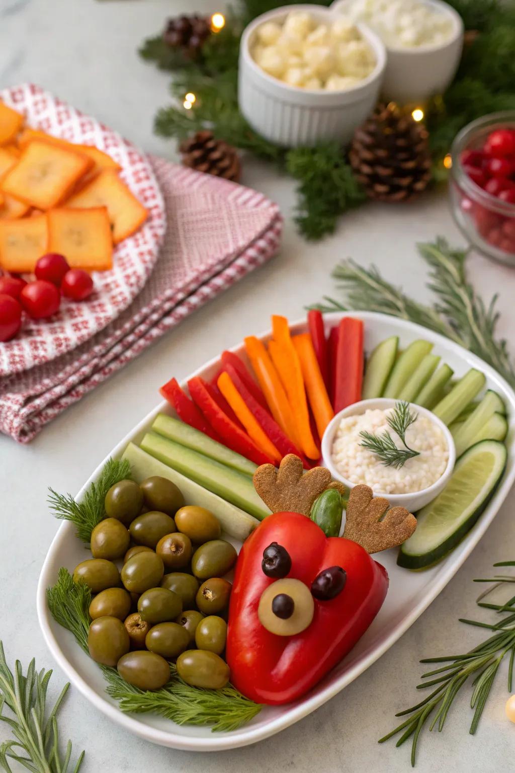 A reindeer veggie artistry piece that's brimming with holiday cheer.