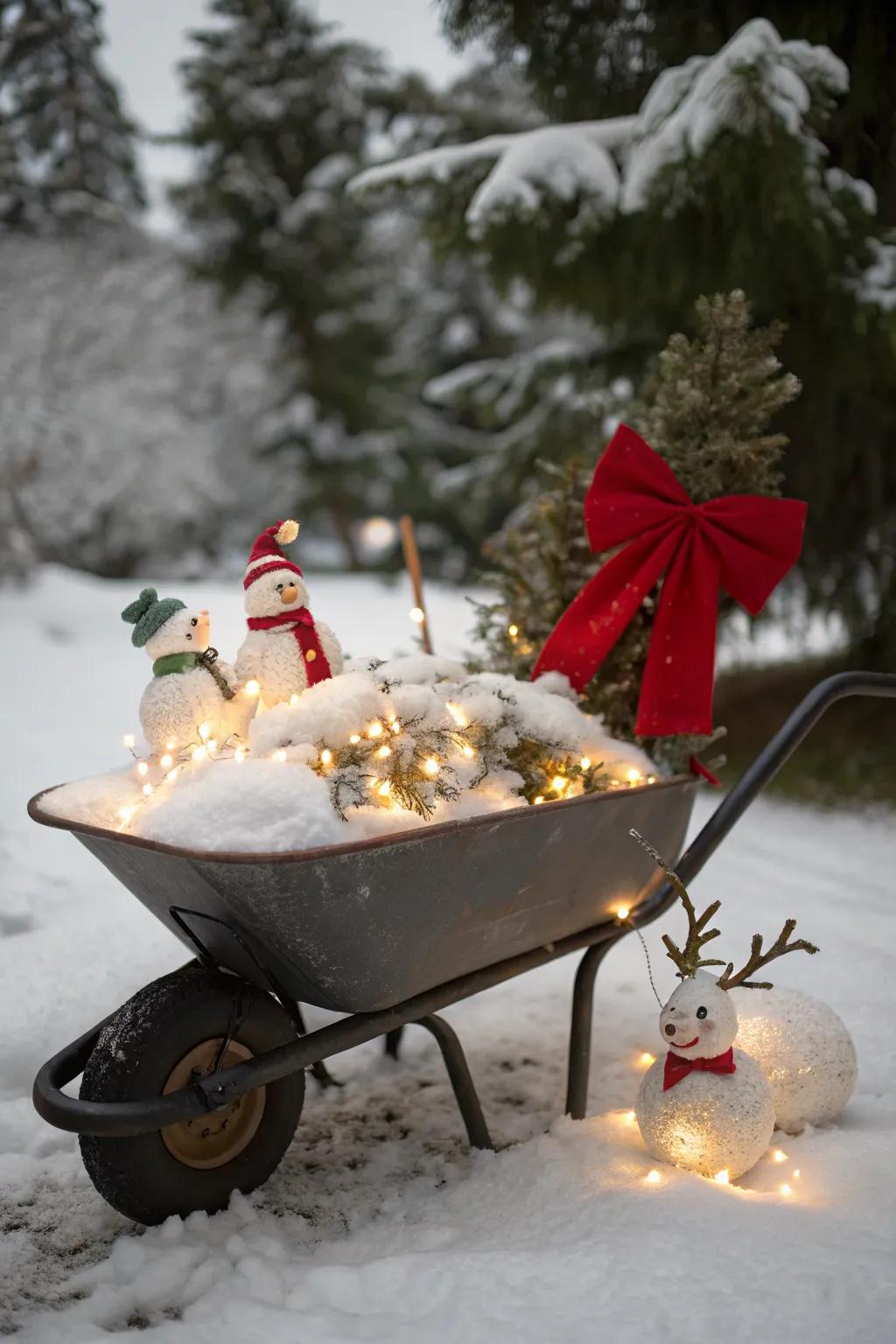 A snow-covered builder's cart captures the magic of winter.