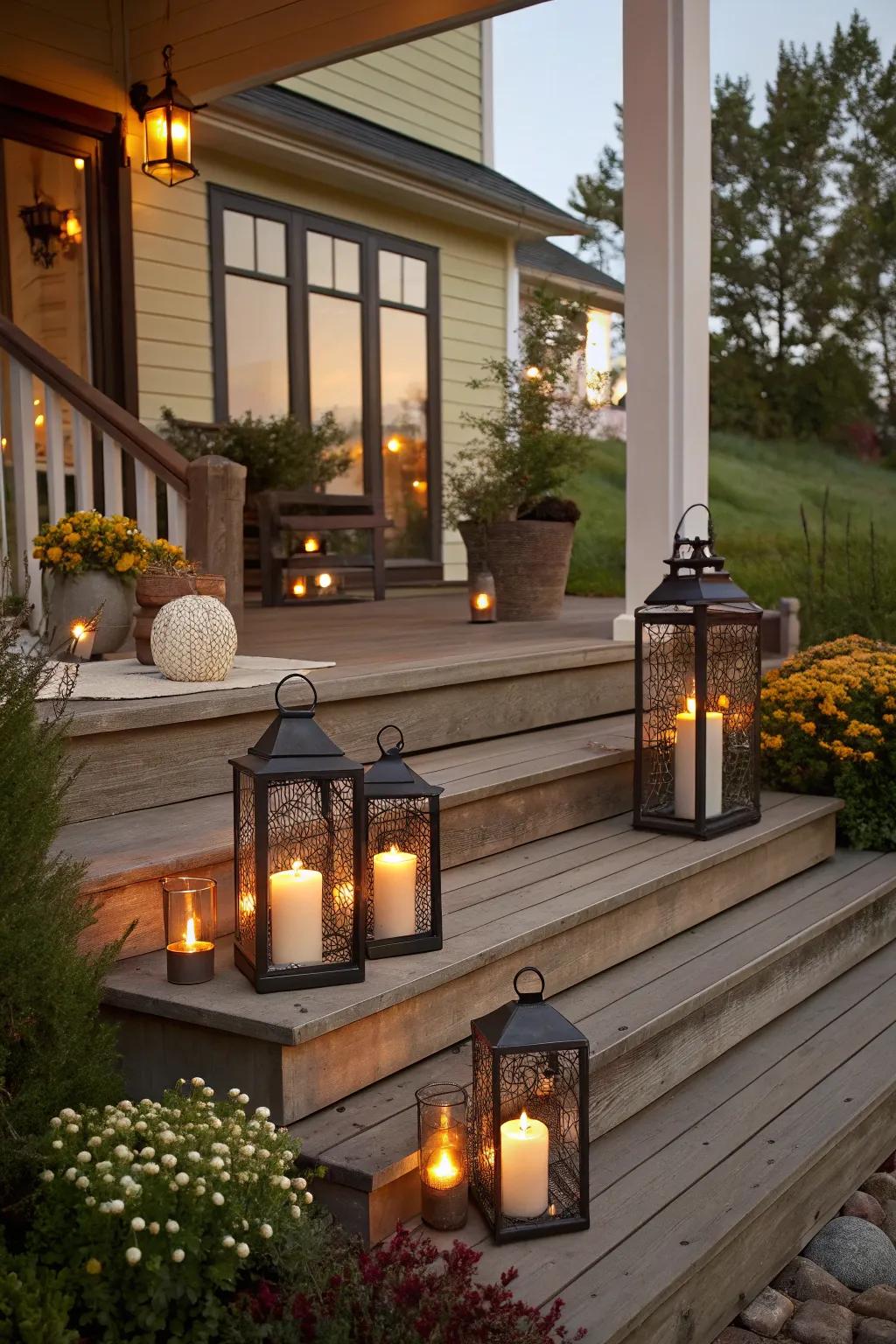 Porch steps adorned with lanterns and flameless candles.