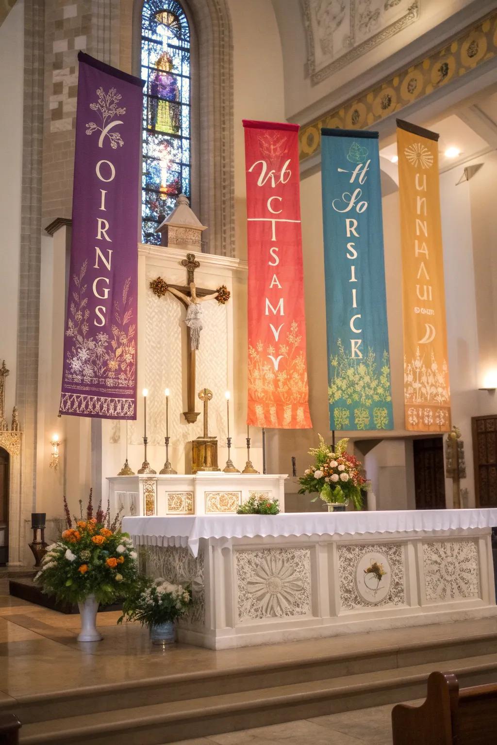 An altar ornamented with tailored banners displaying meaningful verses.