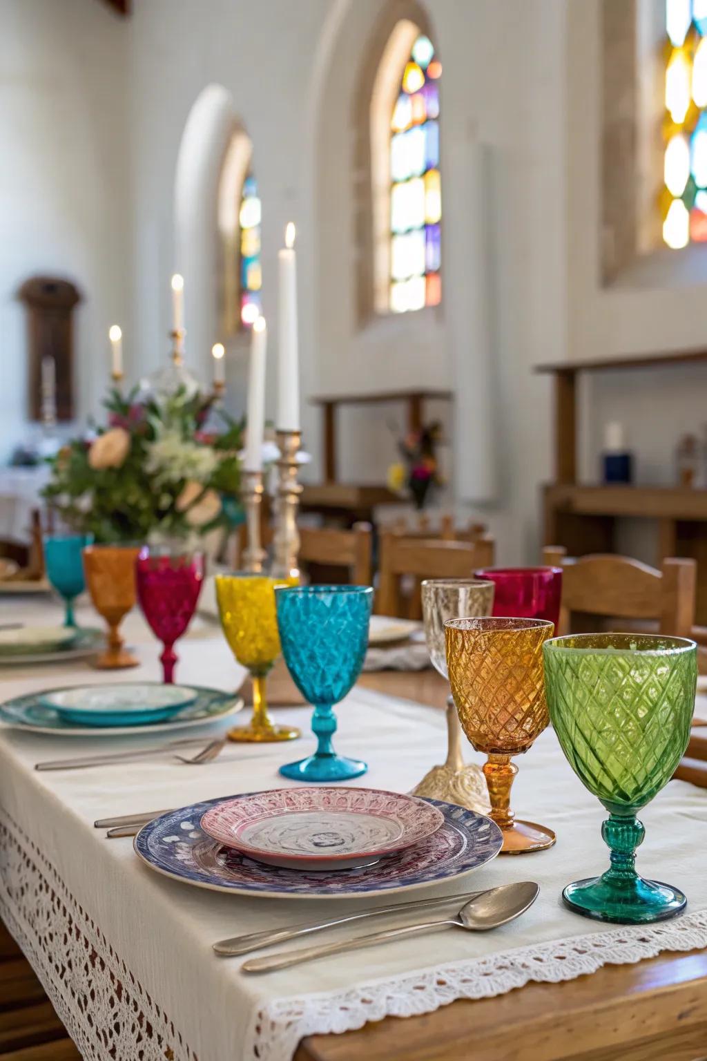 Colorful drinkware adds a vibrant and elegant element to the table.