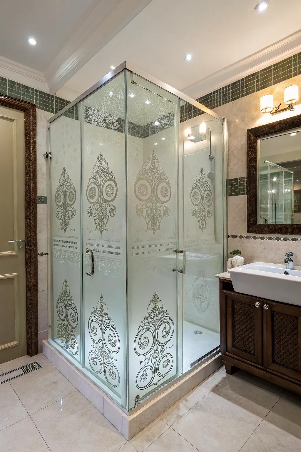 A statement shower stall featuring detailed glass design.