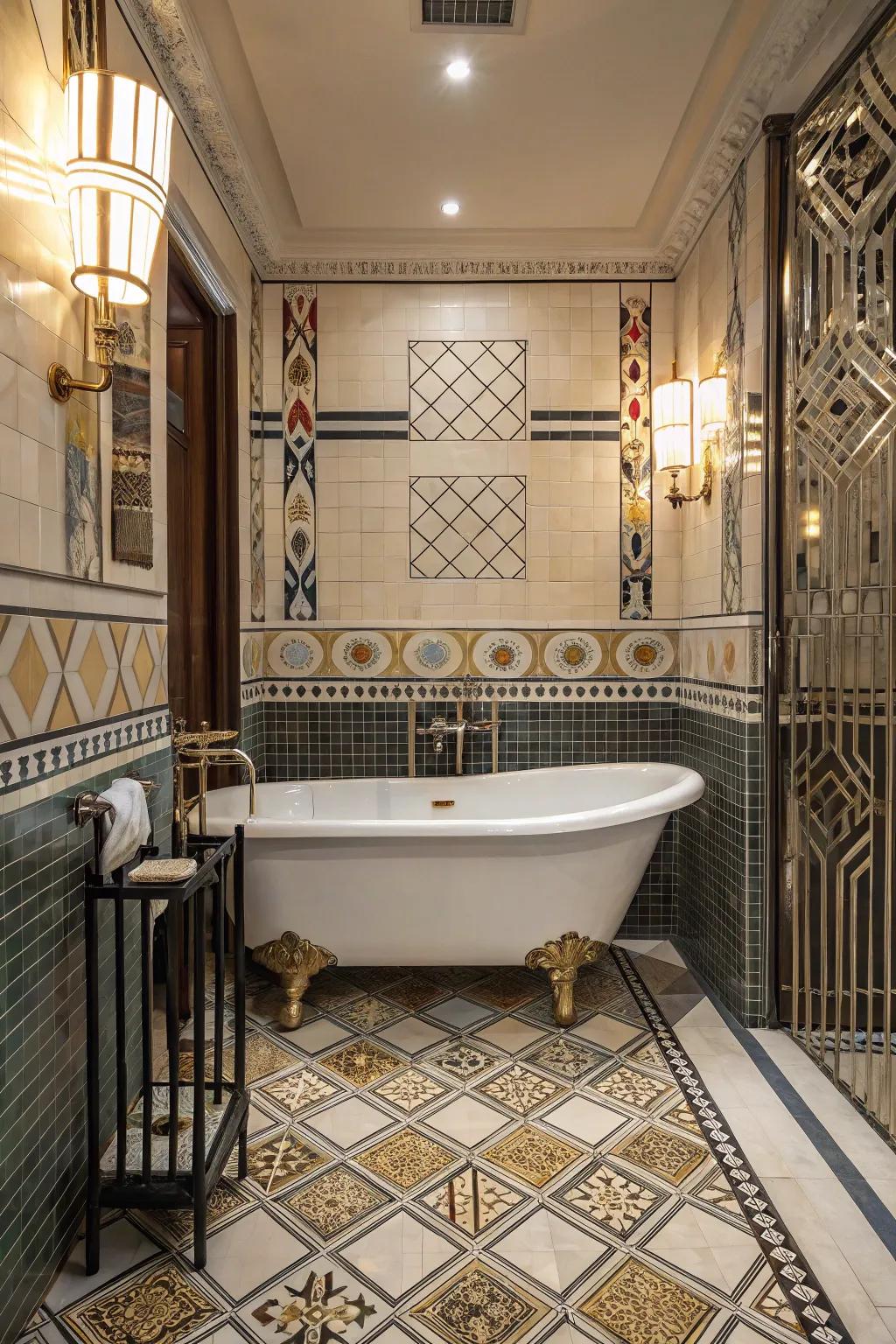 A bathroom that captures the style and opulence of the Art Deco period.