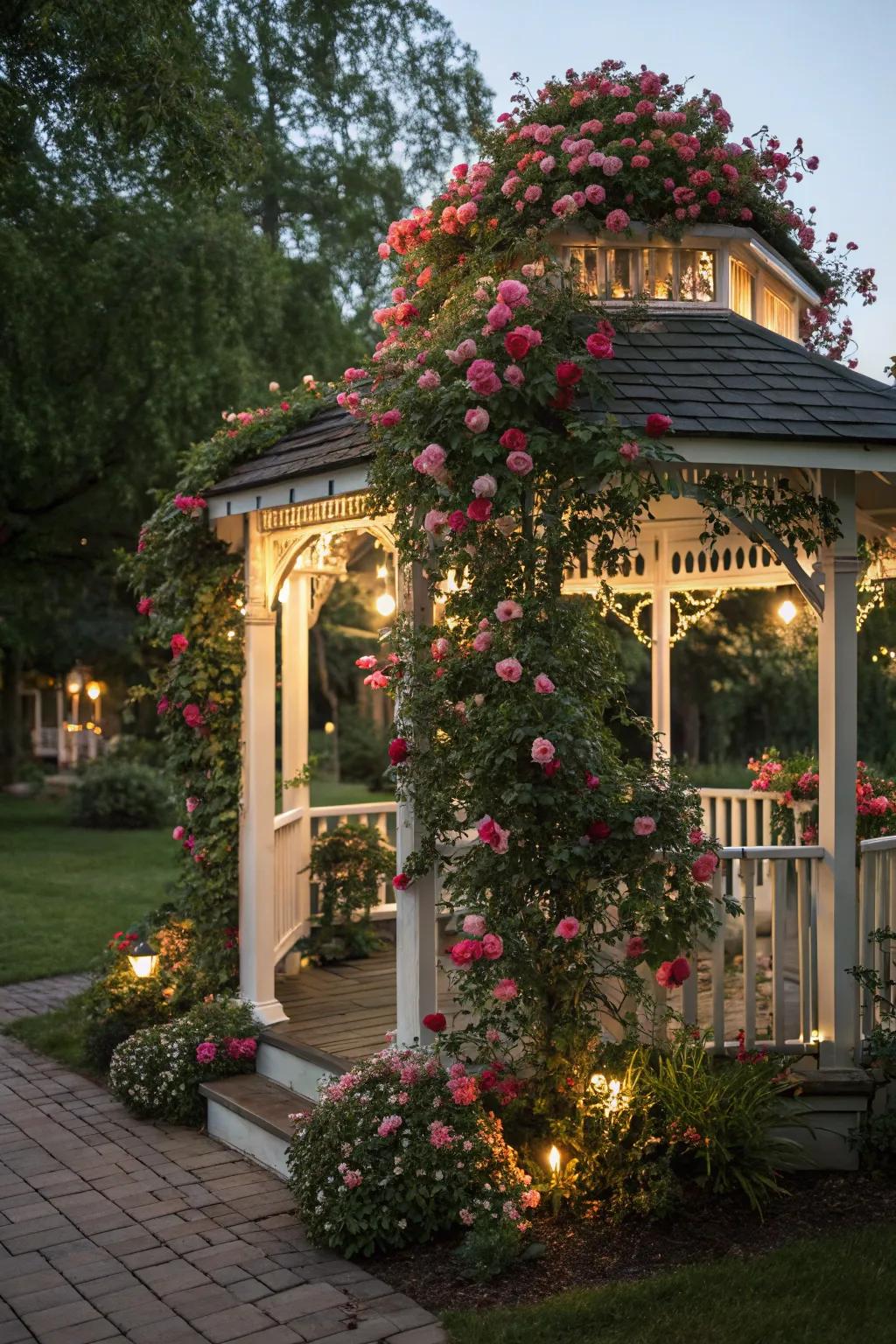 Develop a fairy-tale ambiance using a rose-laden gazebo.