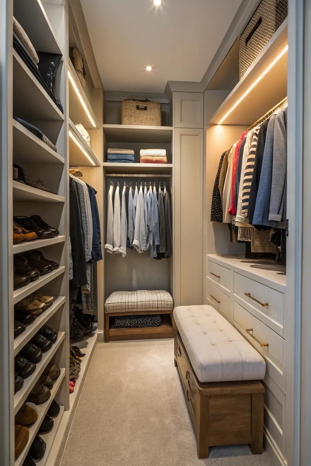 A seating space introduces luxury and function to your closet.