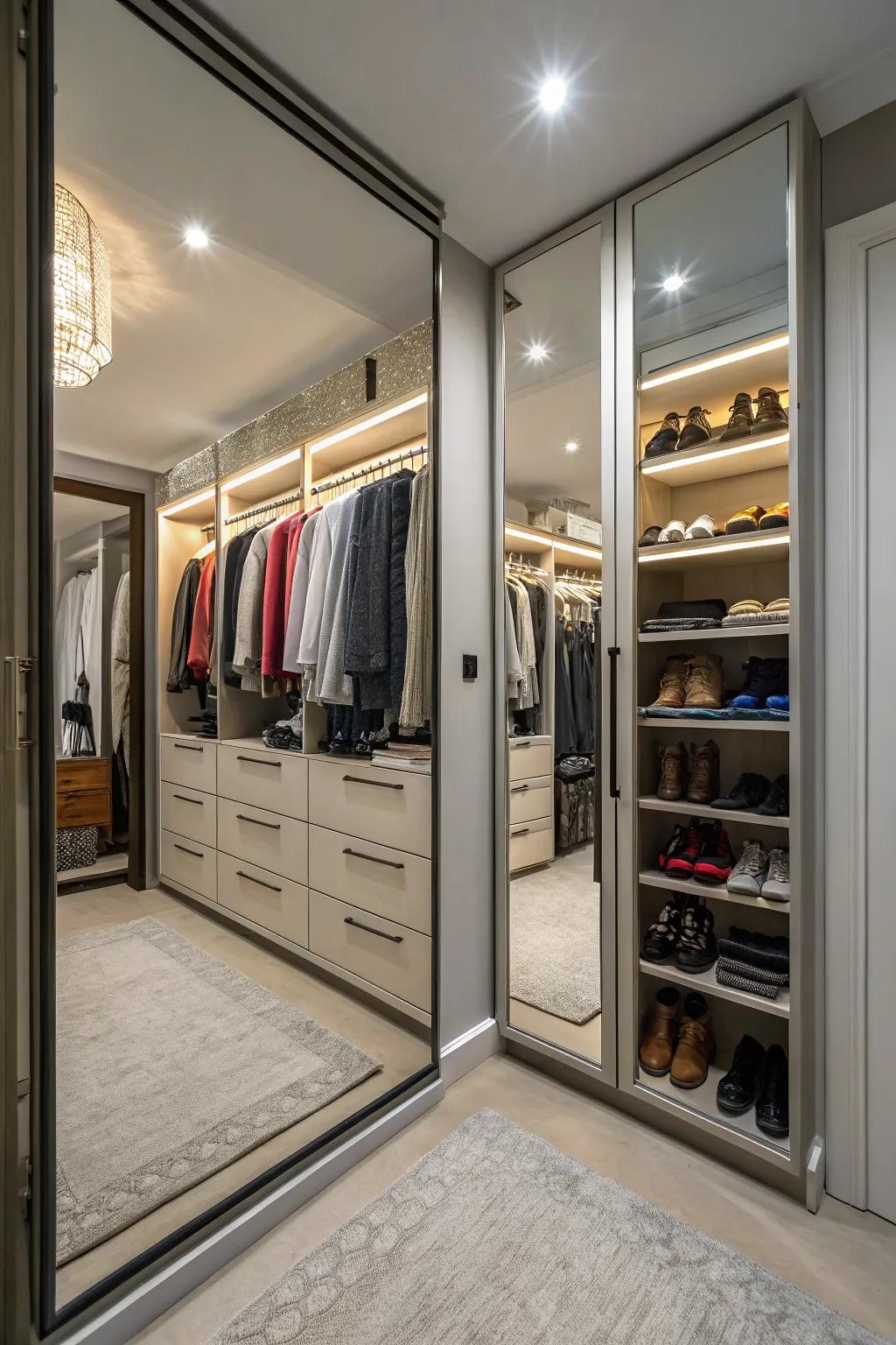 Mirrors amplify light and space within your open closet.
