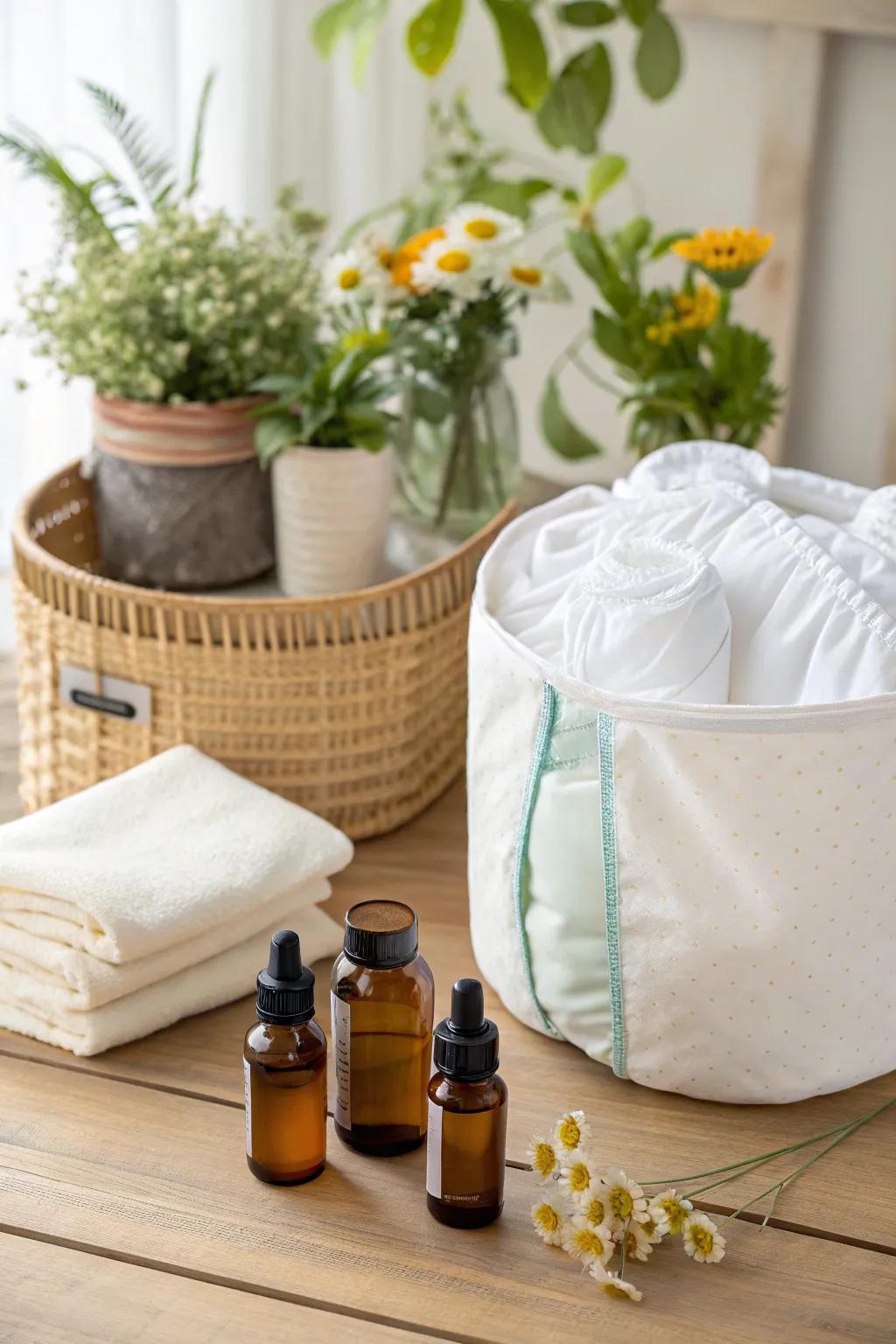 Essential oils furnish a natural means of sustaining freshness in your fabric nappy container.