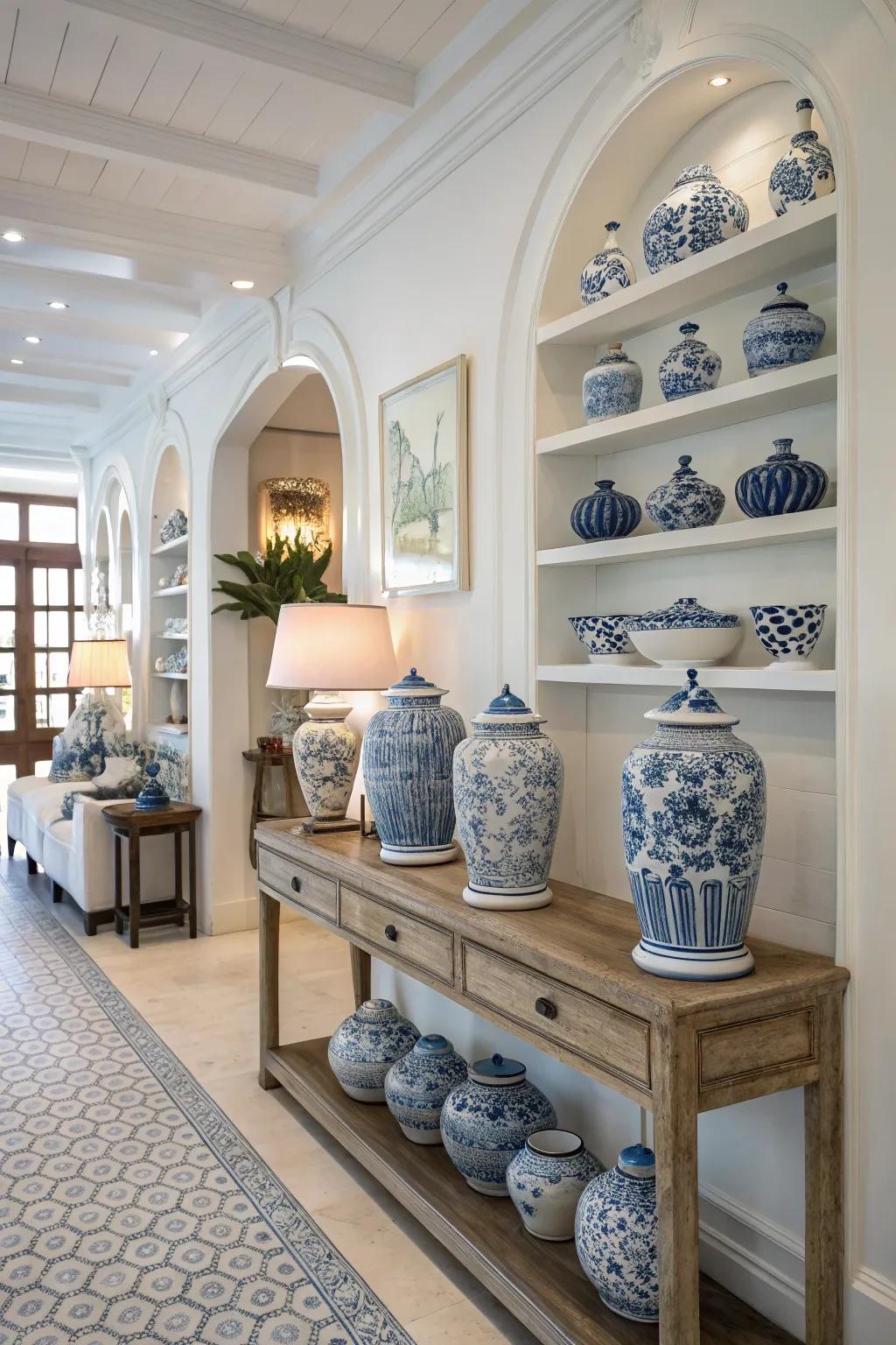 Asian ceramic elements introduce sophistication to coastal decor.
