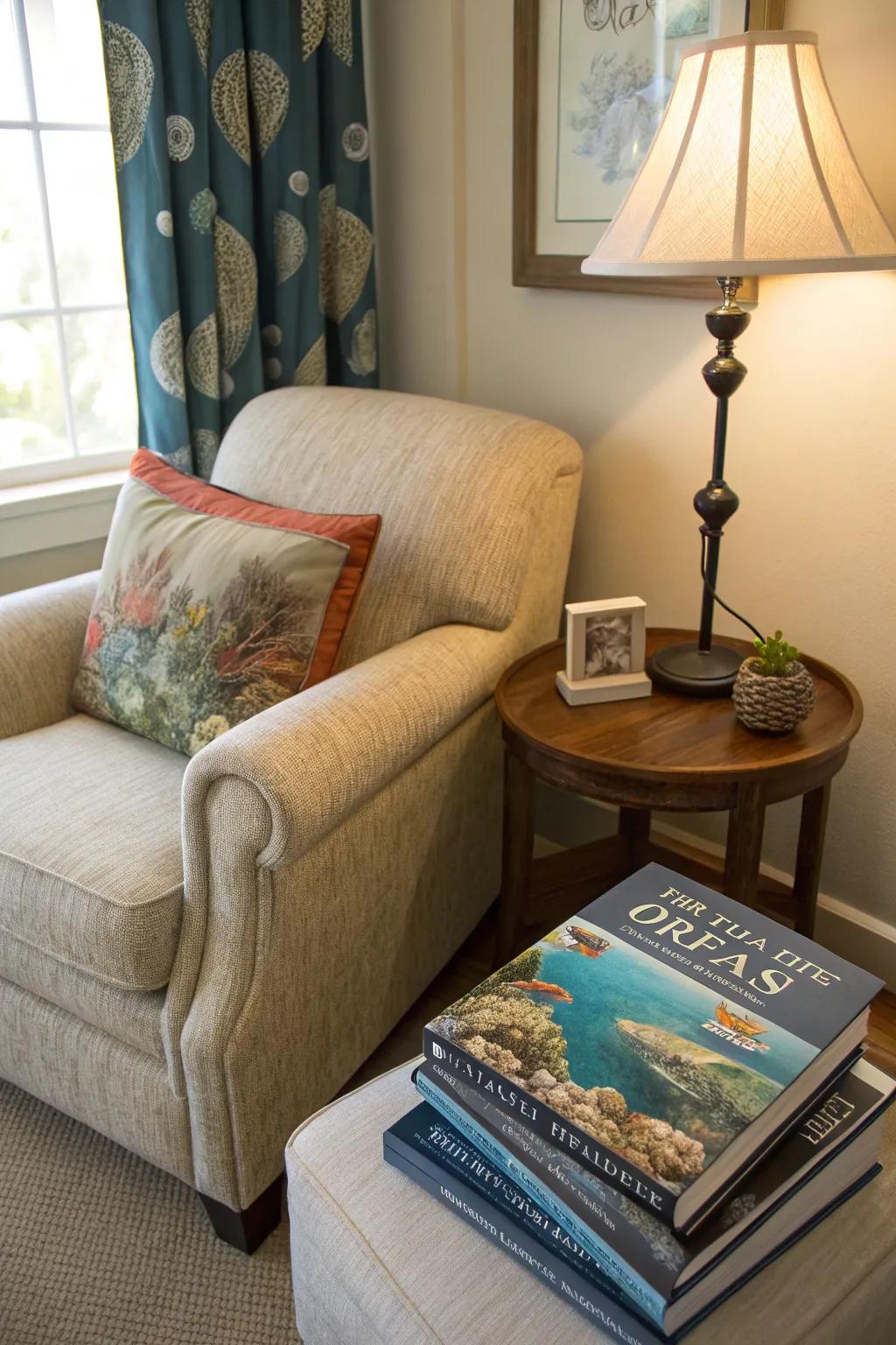A coastal reading sanctuary ideal for relaxation.