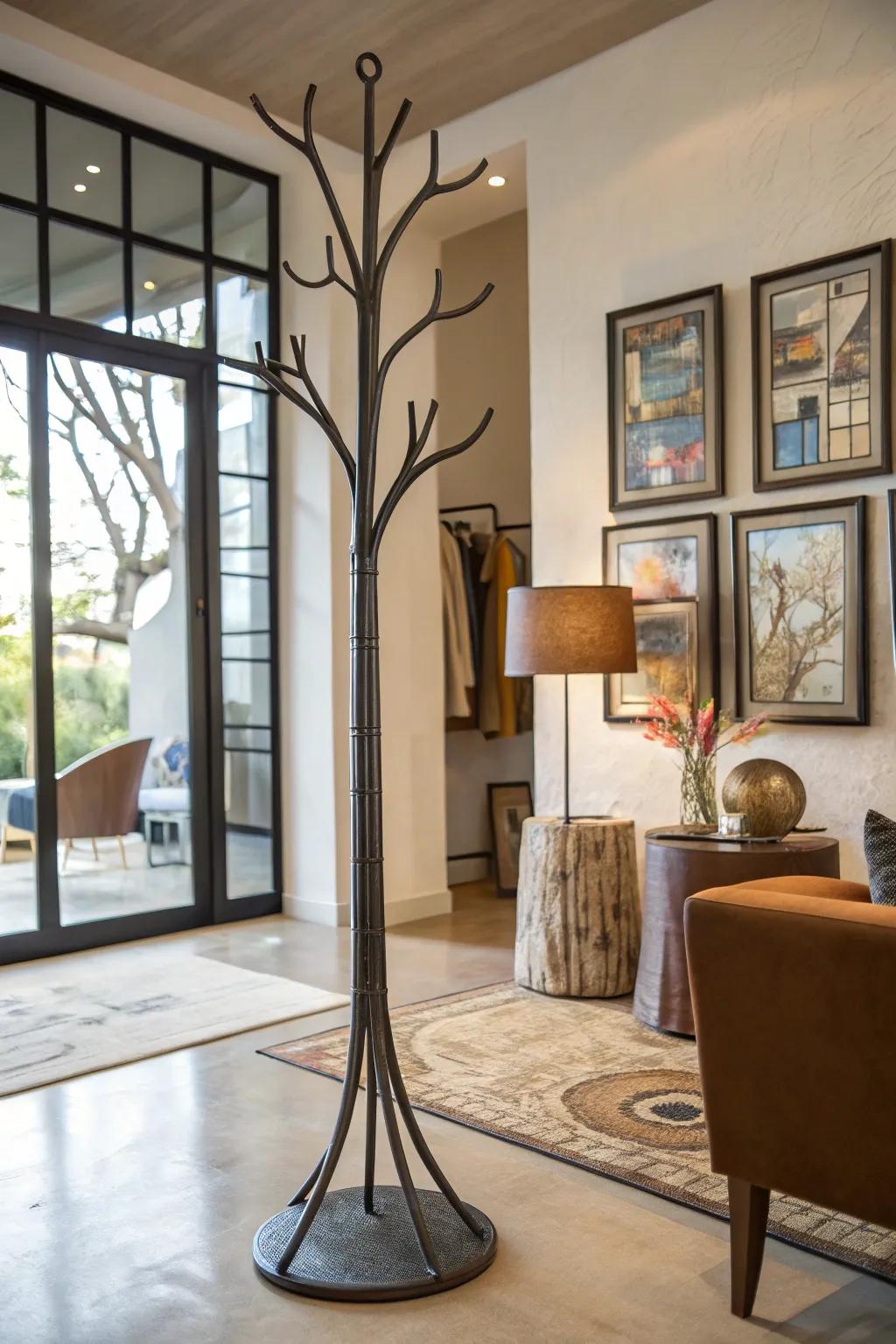 A metallic arboreal limb coat stand, doubling as an artistic sculpture in the home.