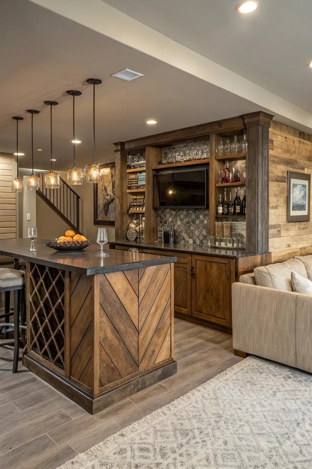 Blending varied aesthetics enriches your home bar’s individuality.
