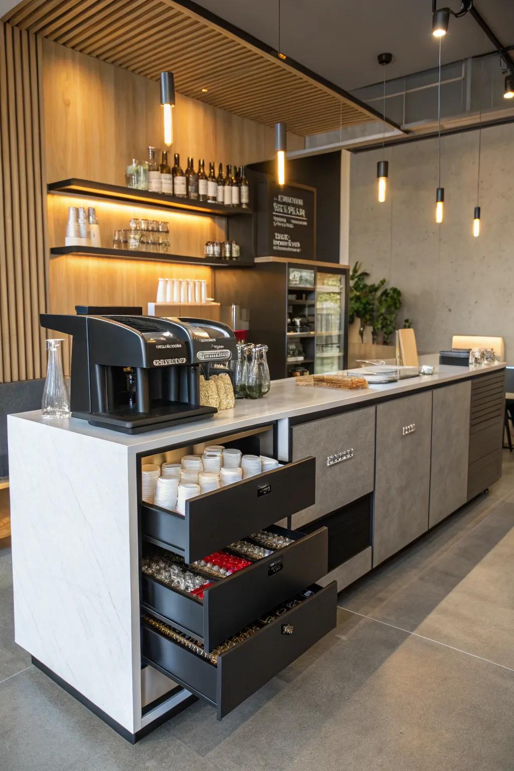 A coffee bar featuring clever hidden storage solutions.