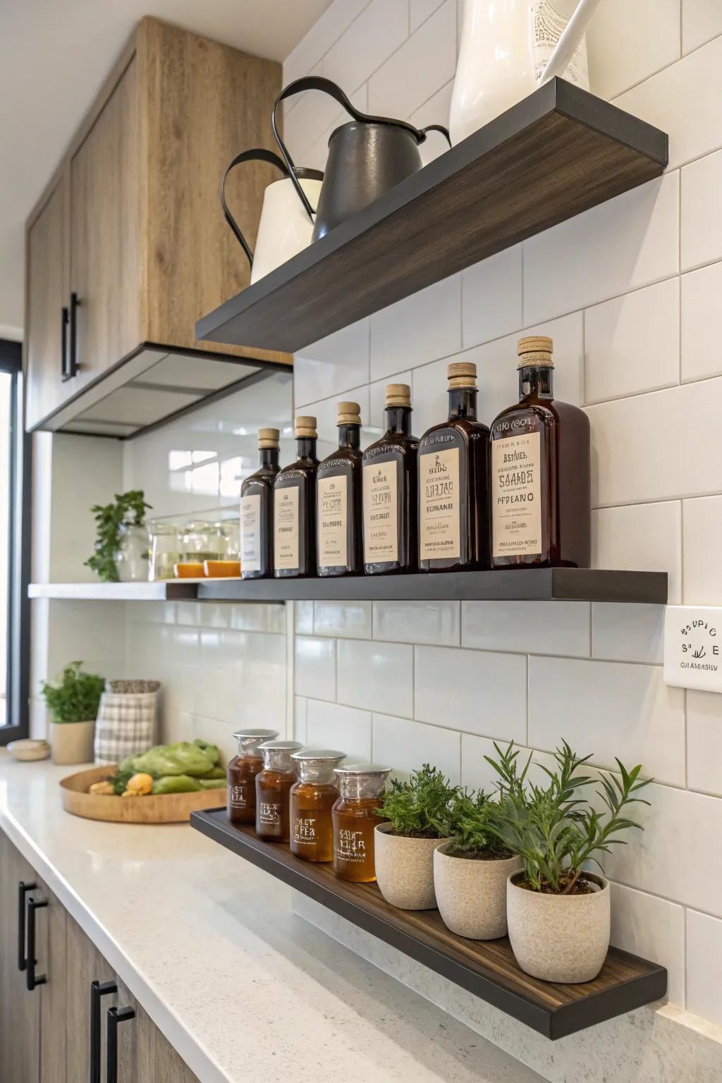 Floating racks provide extra area for flavorings and decor.