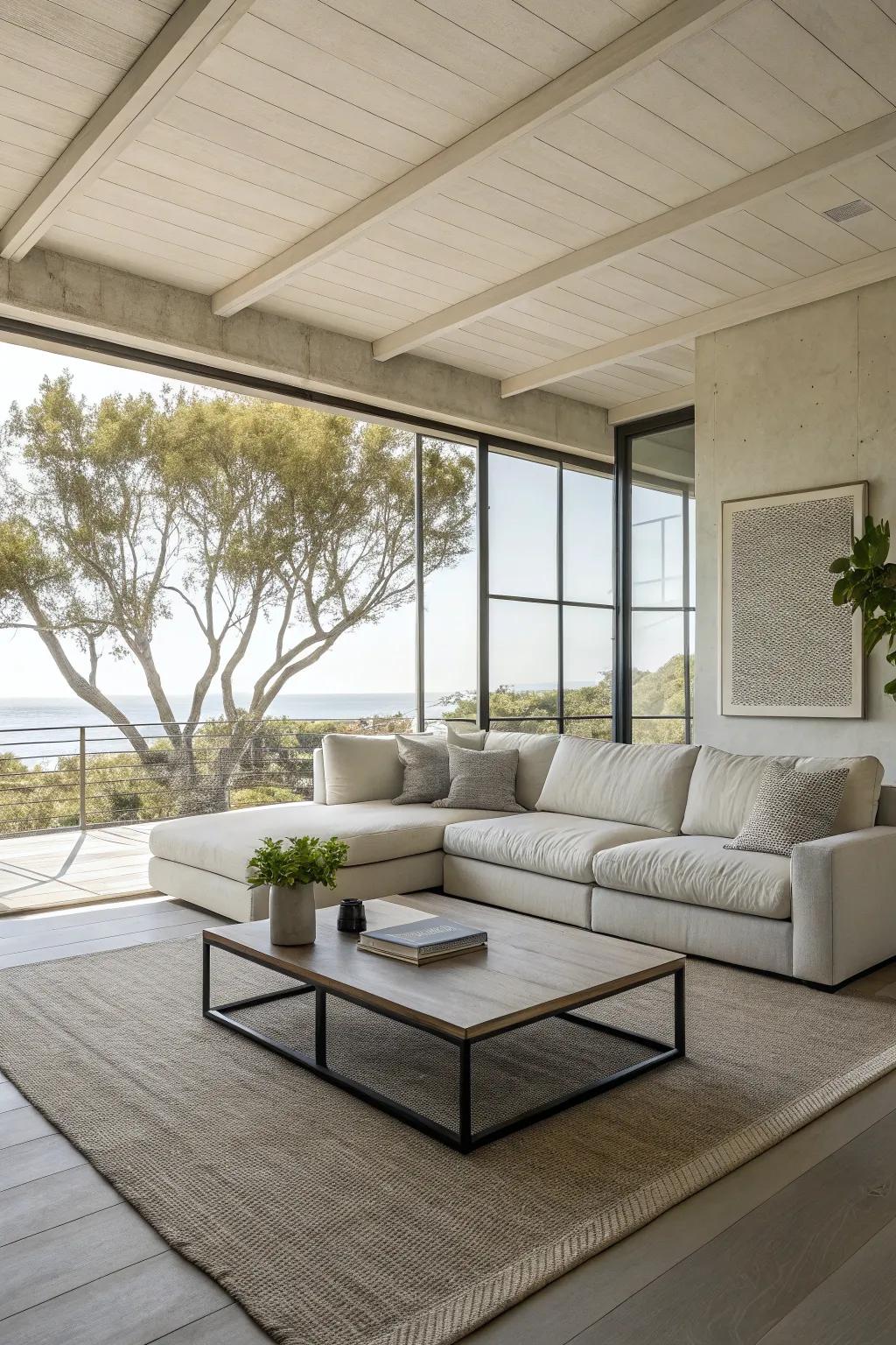 A low-profile center table enhances the spaciousness of a minimalist living space.