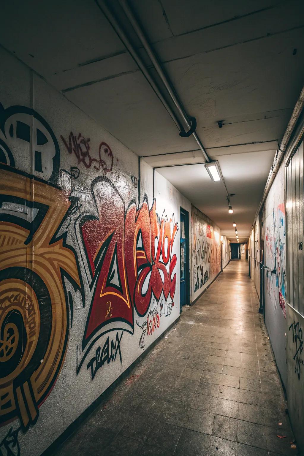 A hallway wall featuring graffiti with chrome and metallic details.