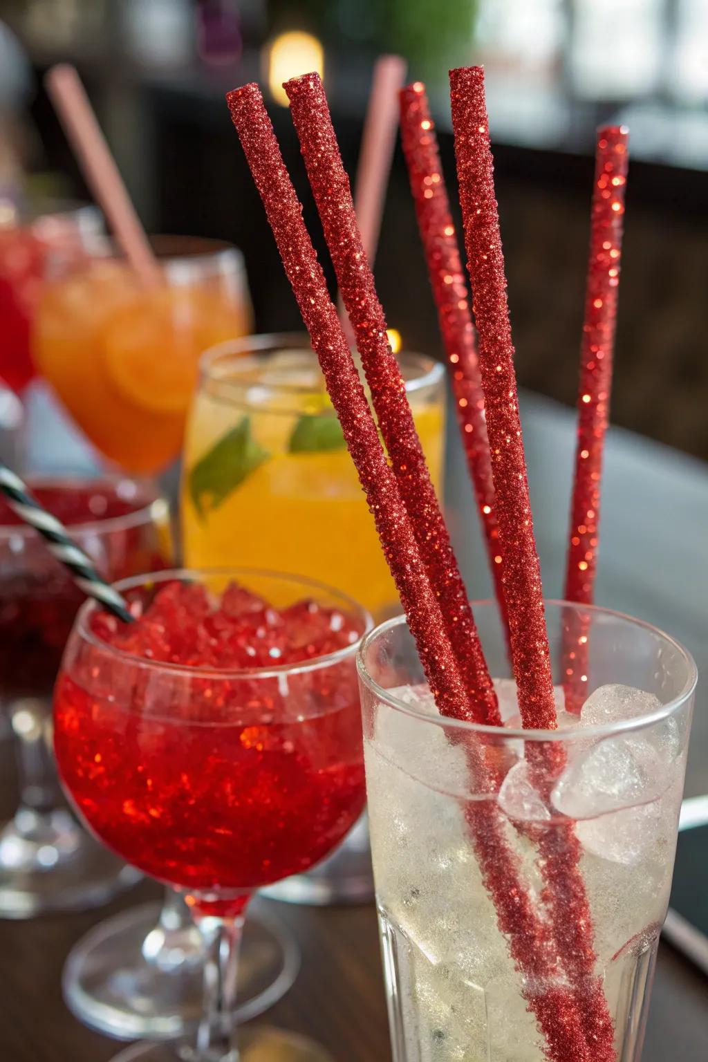 Shimmering red-glittered drink wands adding fun to drinks.