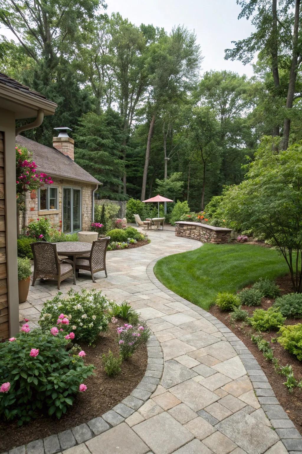 Durable material features like stone patios add appeal and practicality to your garden.