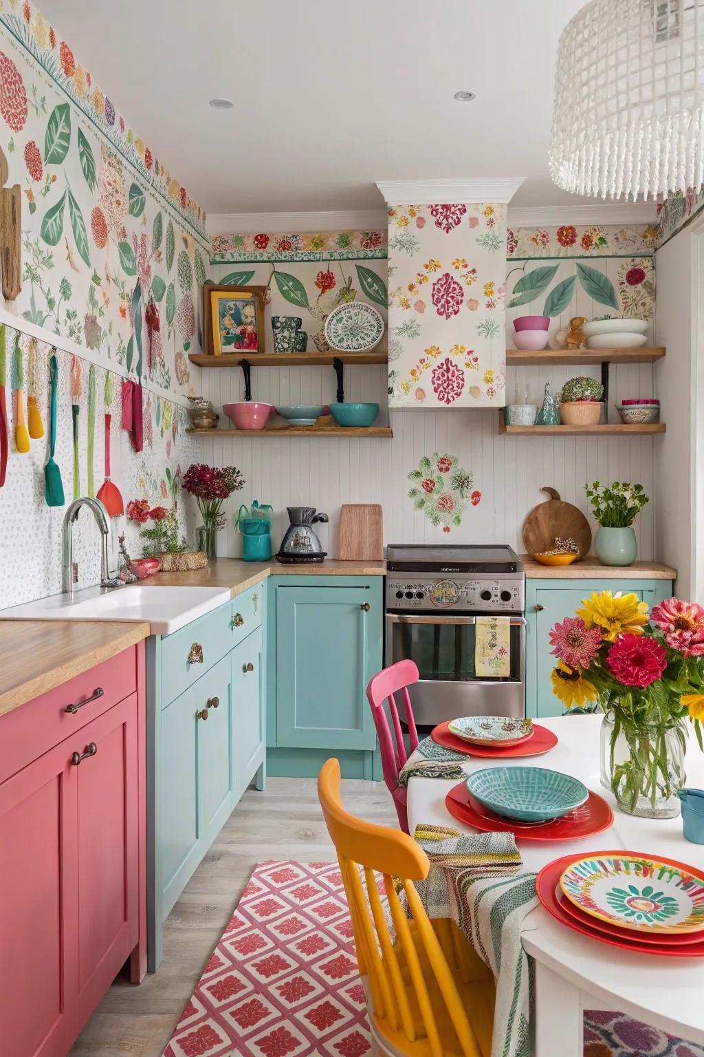 Striking wall covering converts kitchen walls into an art canvas.