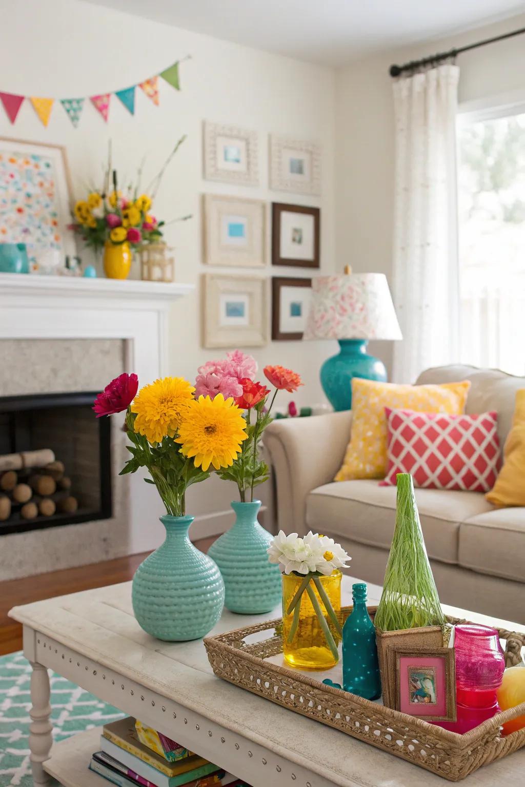 Surprising splashes of color add a dash of joy to this vibrant living area.