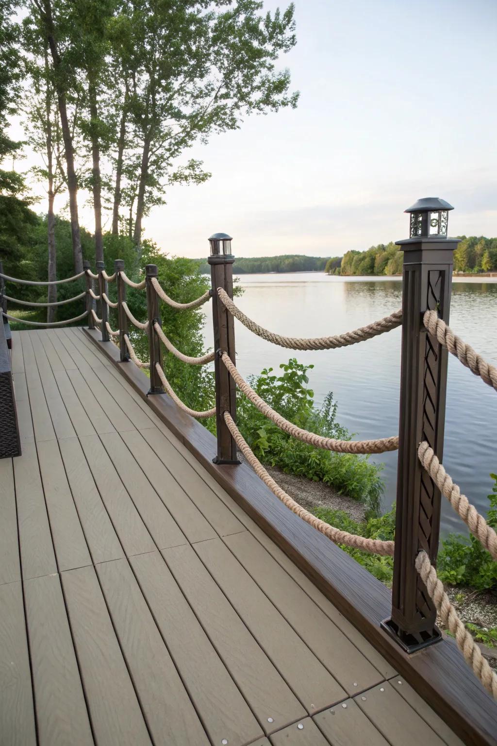 Cord accents add a nautical and rustic charm to deck barriers.
