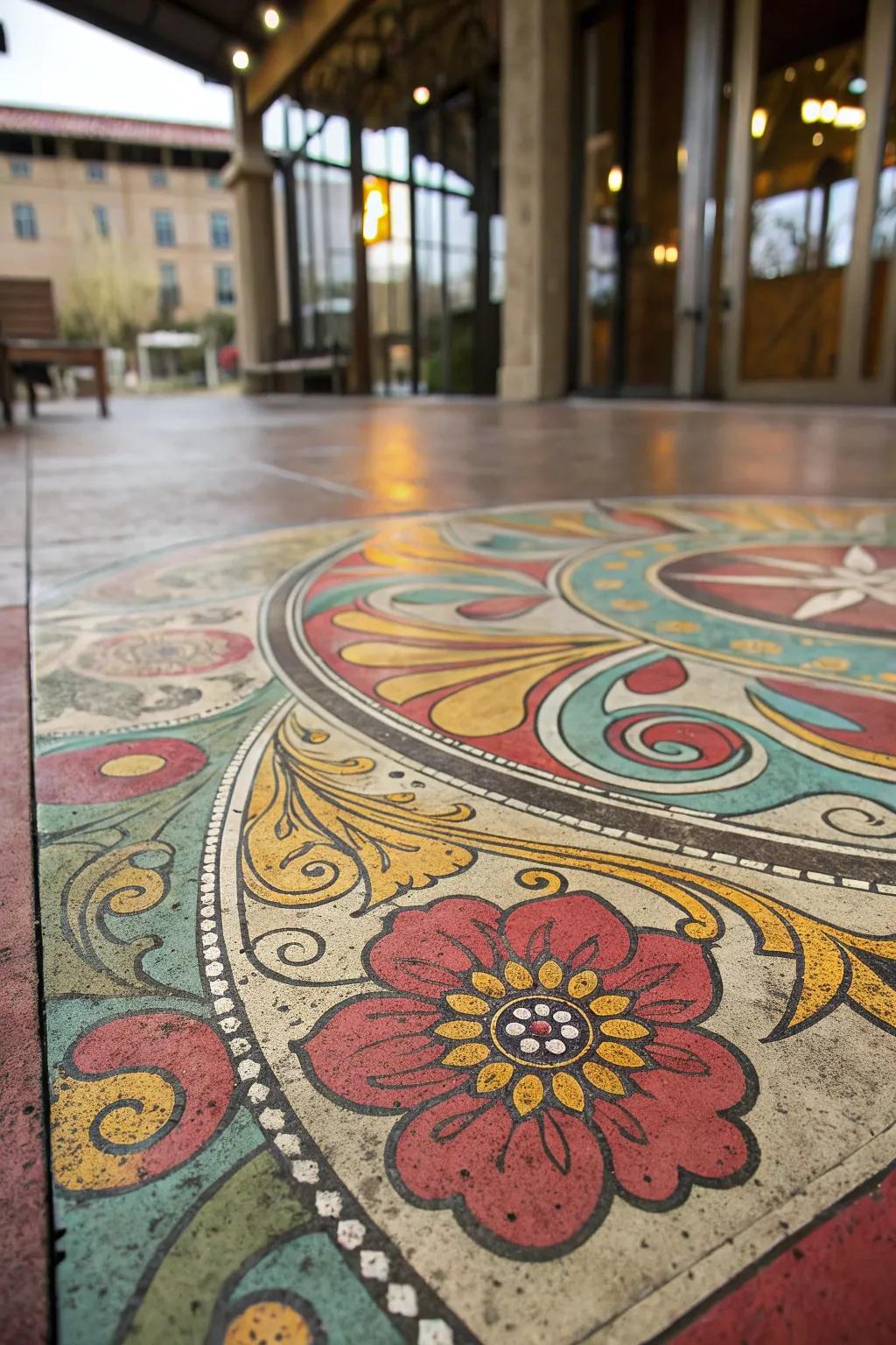 Concrete flooring featuring striking acid-stained patterns.