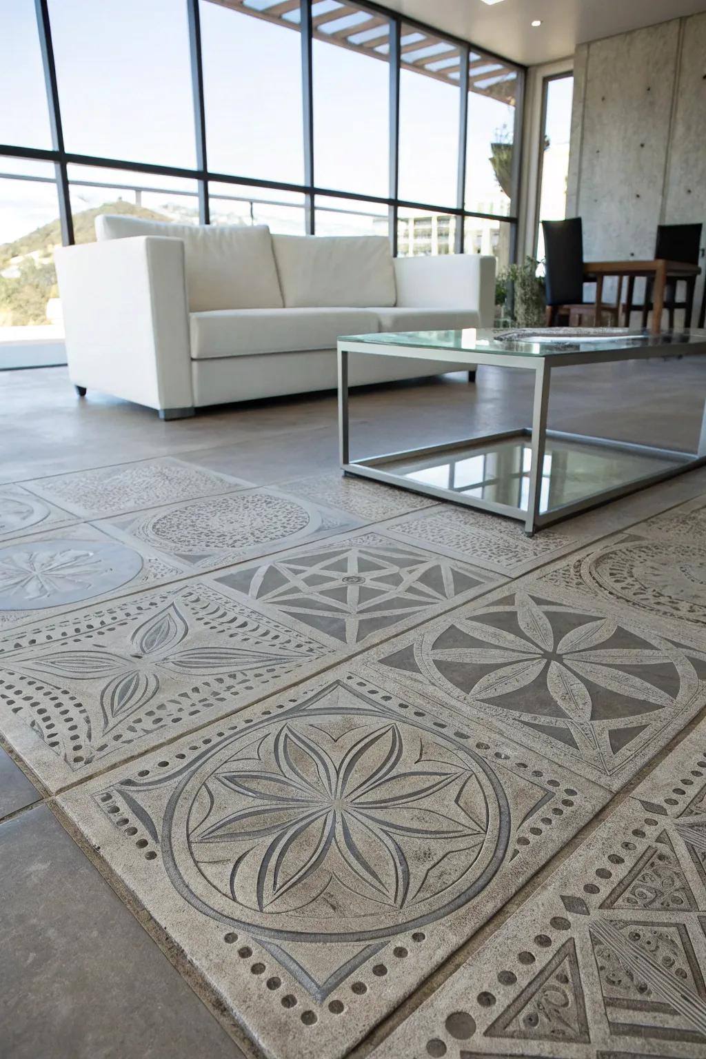 Geometric designs etched into concrete floors contribute a bold, modern accent.