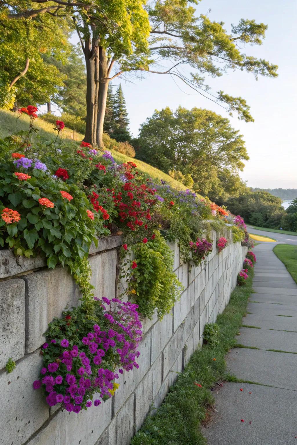 Vibrant plantings introduce natural splendor to retaining structures.