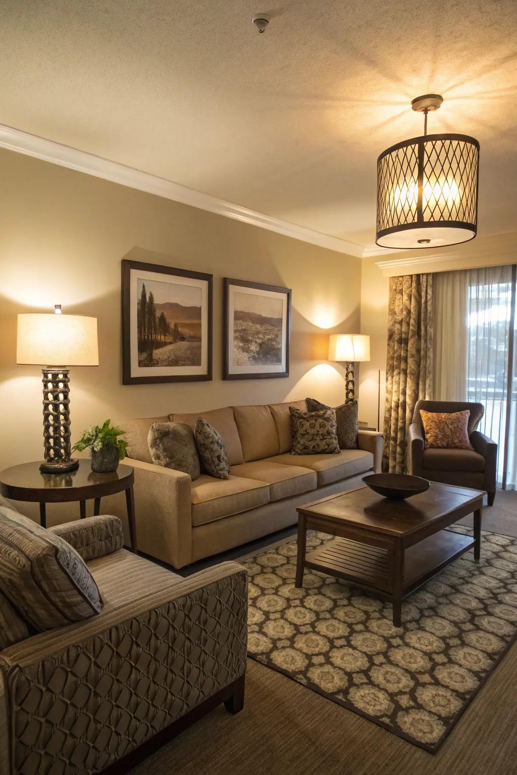 Soft lighting setting the atmosphere in a condo living space.