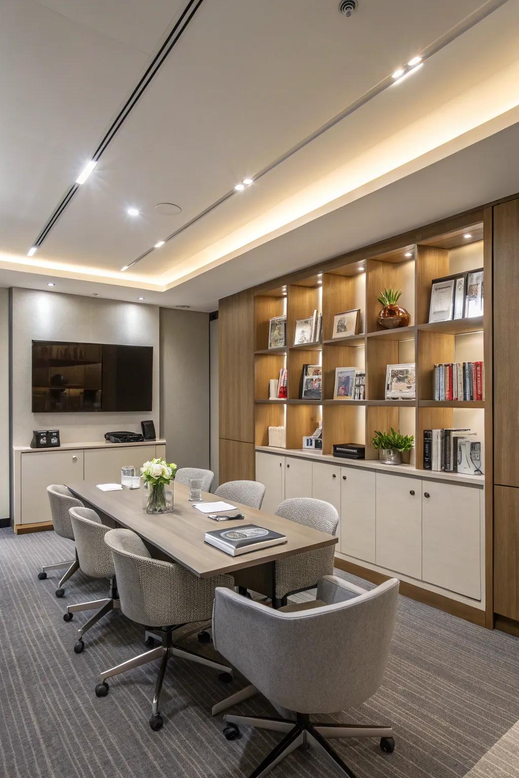 Clever storage solutions keep the conference room clutter-free.