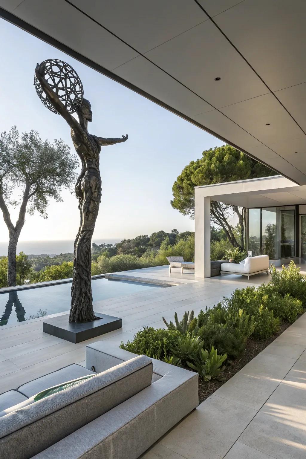 Artful sculpture as a captivating focal point on a patio.