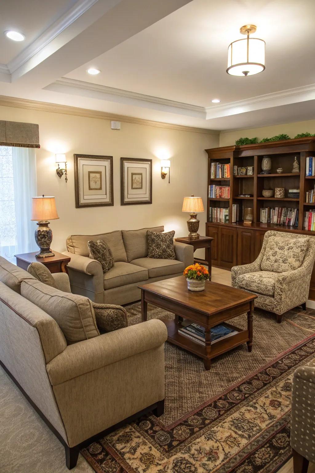 A furniture arrangement that emphasizes communication and relationship building.