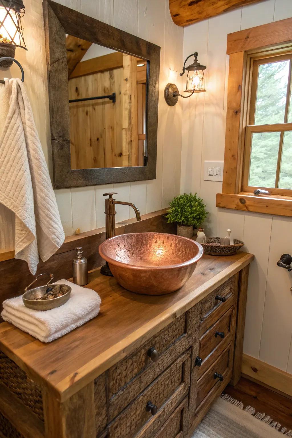 Wooden and textured features highlight the rustic charm of this copper sink.