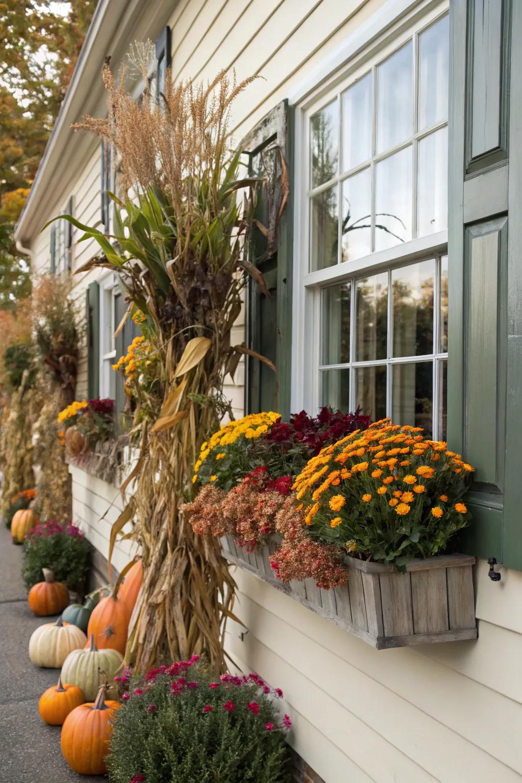 Upgrade your home's facade with corn stalks in sill boxes.