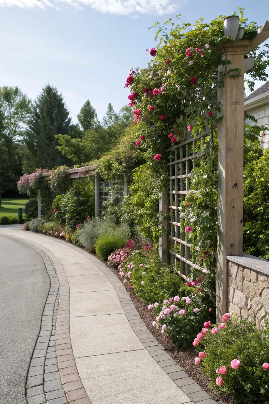 Vertical gardens creating lush greenery along a driveway wall.