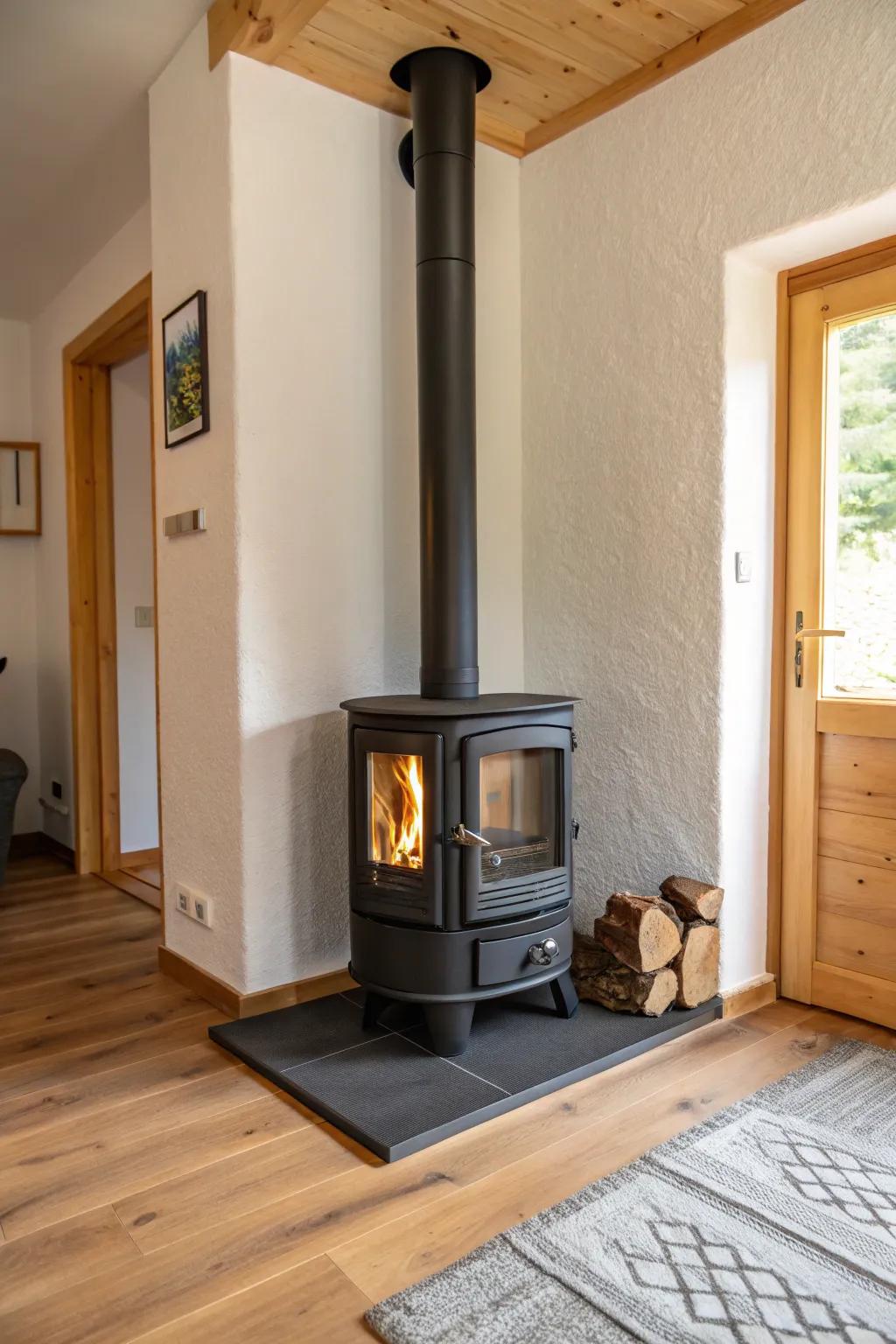 A minimalist aesthetic generates a simple and serene fireplace environment.