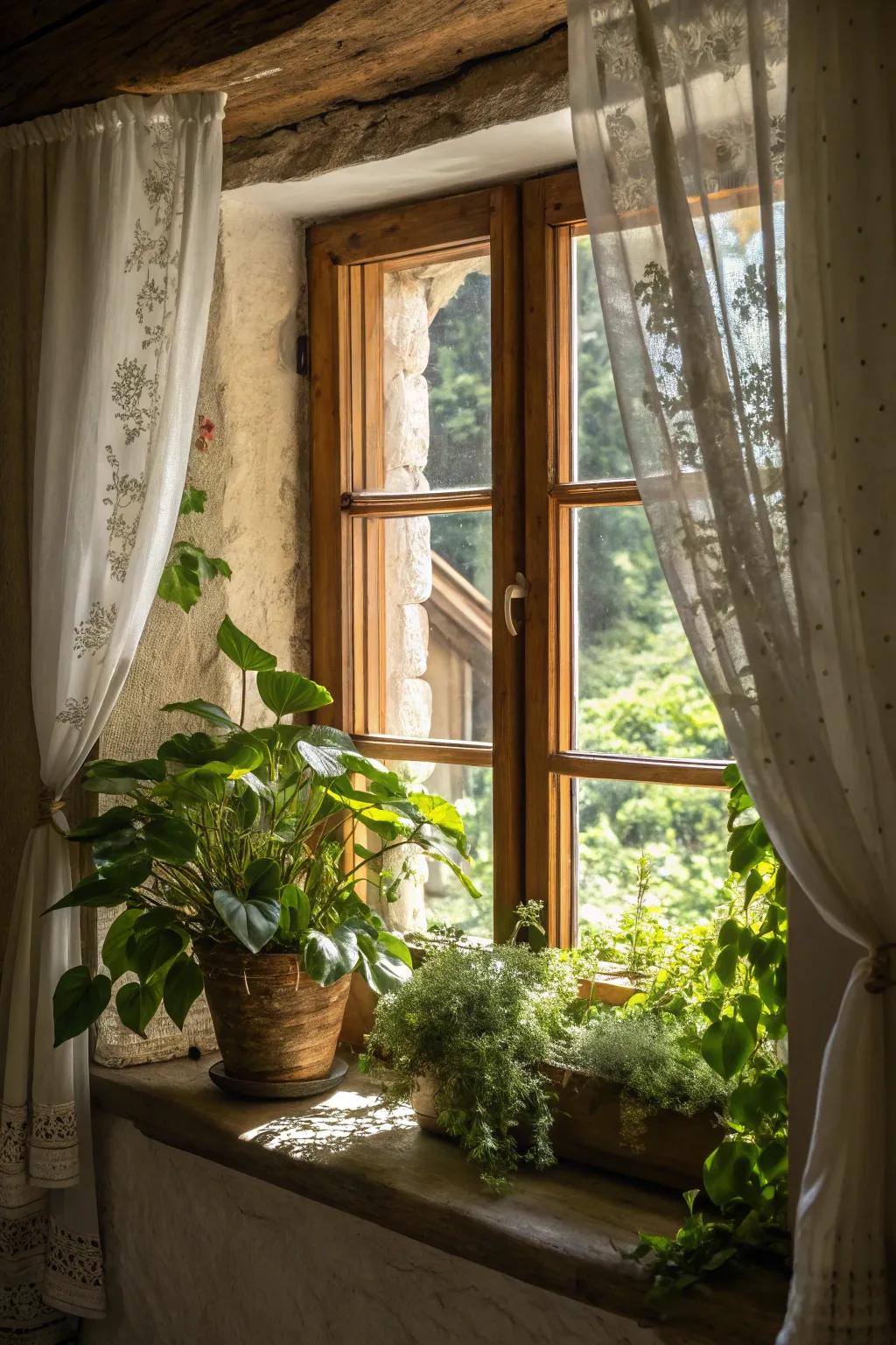 Indoor plants near windows complement the natural countryside aesthetic.