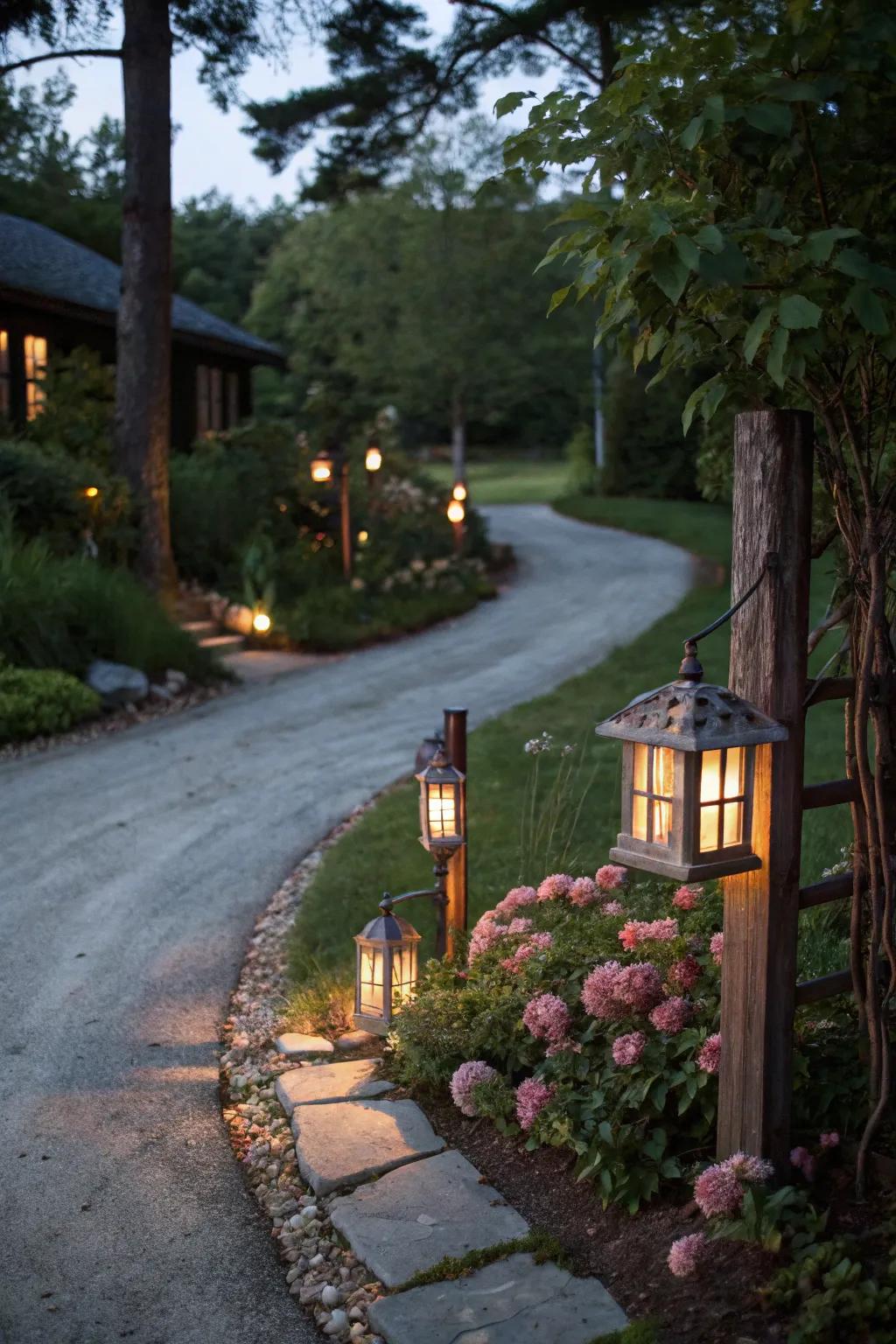 Country post lanterns furnishing charm and guidance.