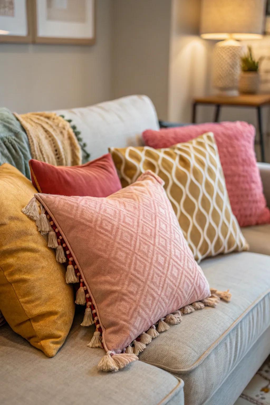 A comfortable nook entices relaxation through layered pillows.