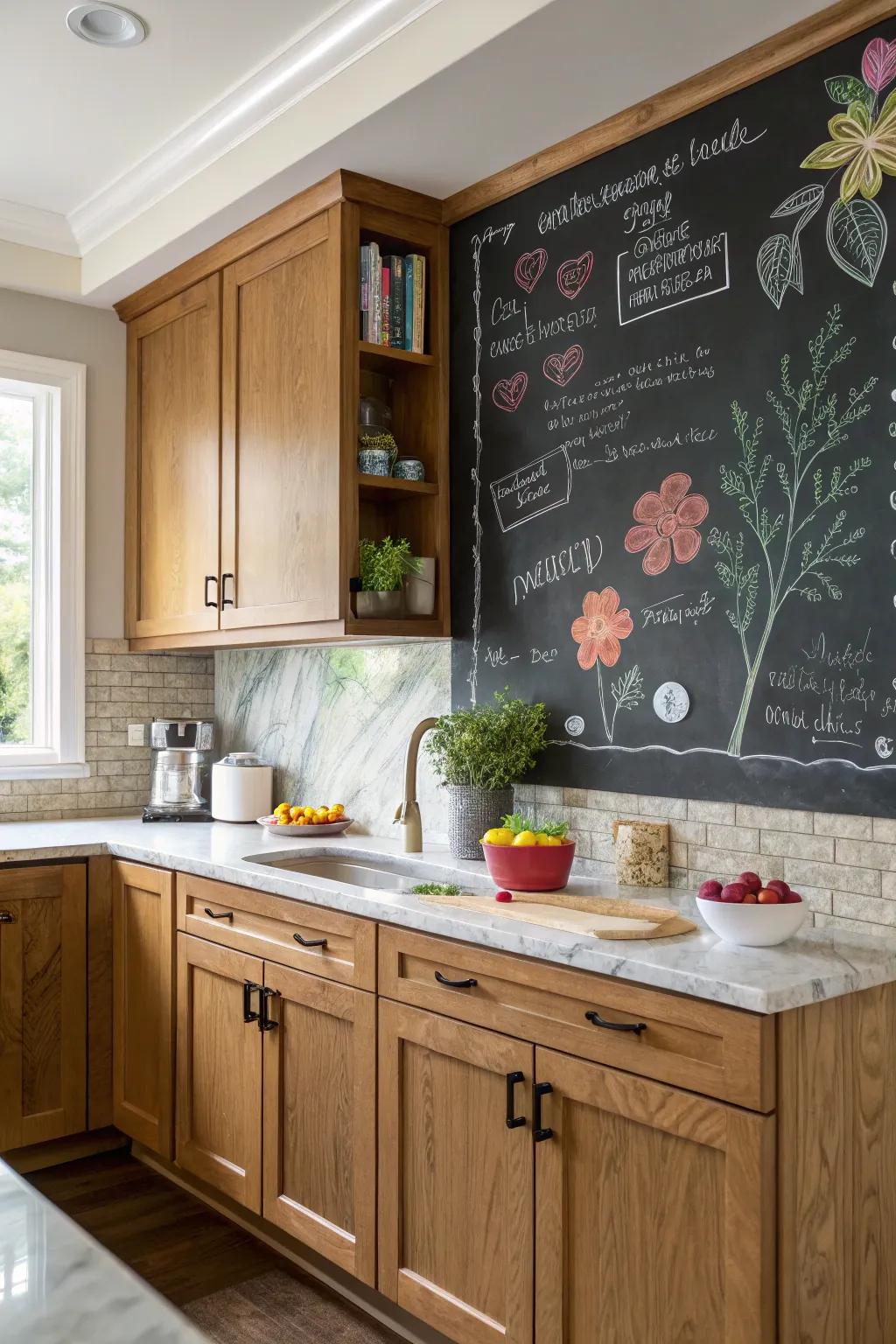 Chalkboard backsplashes contribute a personal and interactive feel to kitchens.