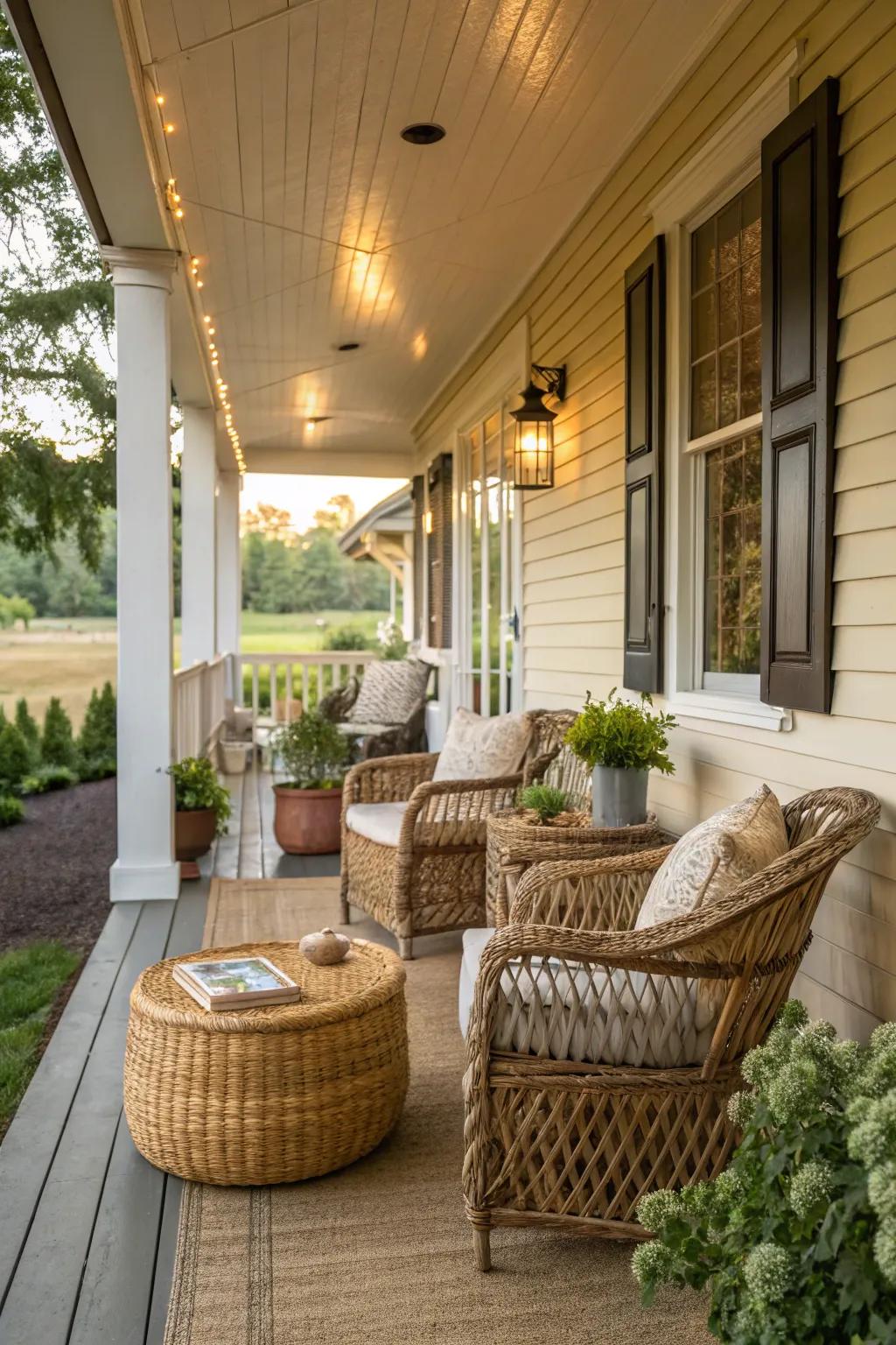 Knitted accents enhance the cozy feel of this farmhouse porch.