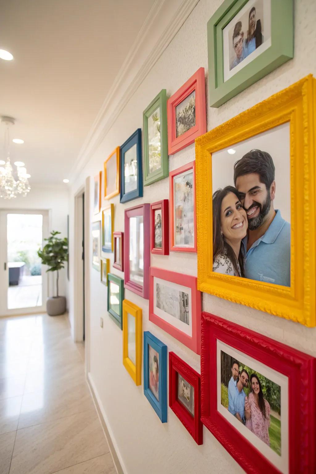 Bright accents contribute vitality and amusement to your photo wall.