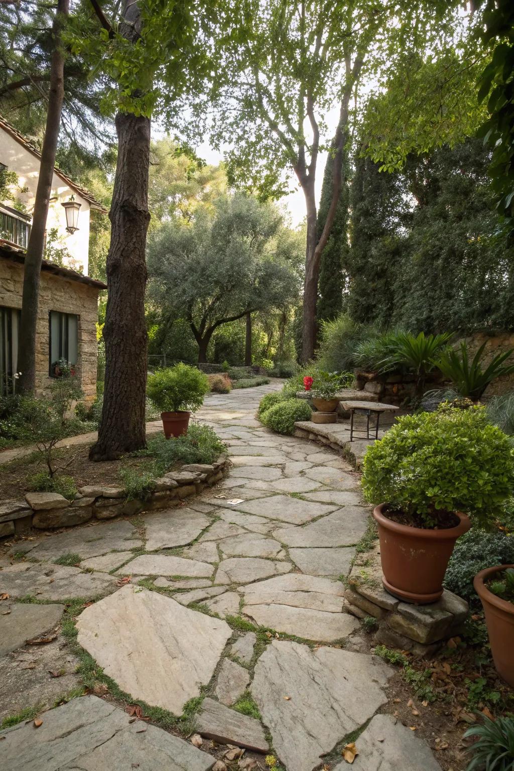 Develop a rustic atmosphere with natural flagstone paths in your courtyard.