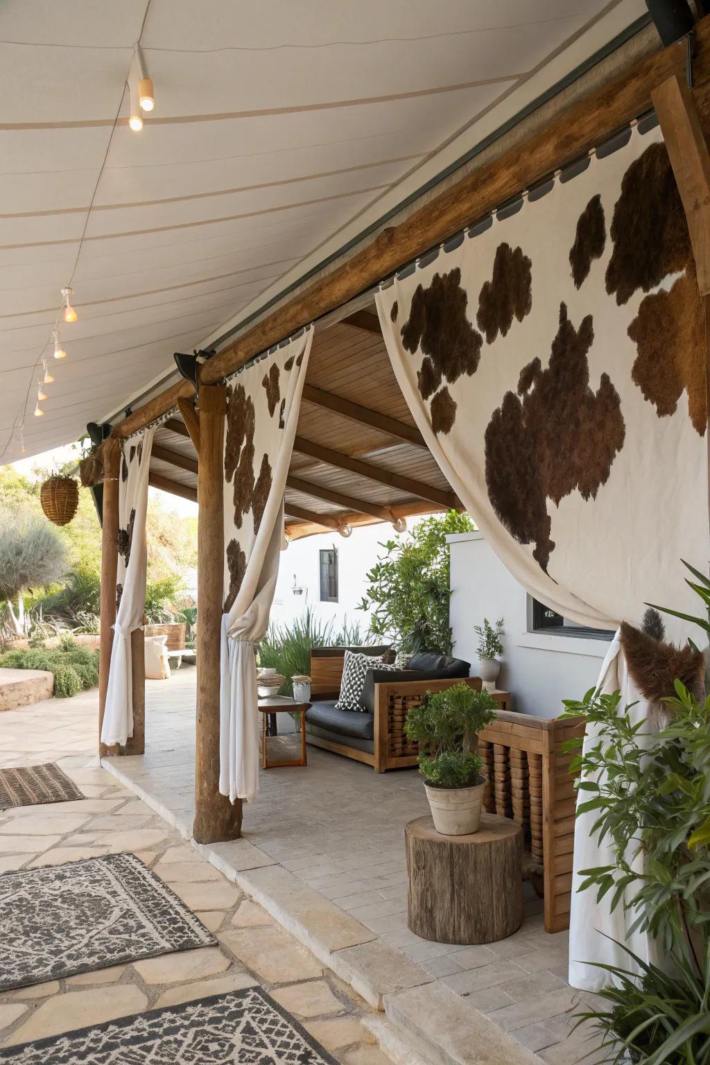 A covered outdoor space featuring rustic animal hide decor.