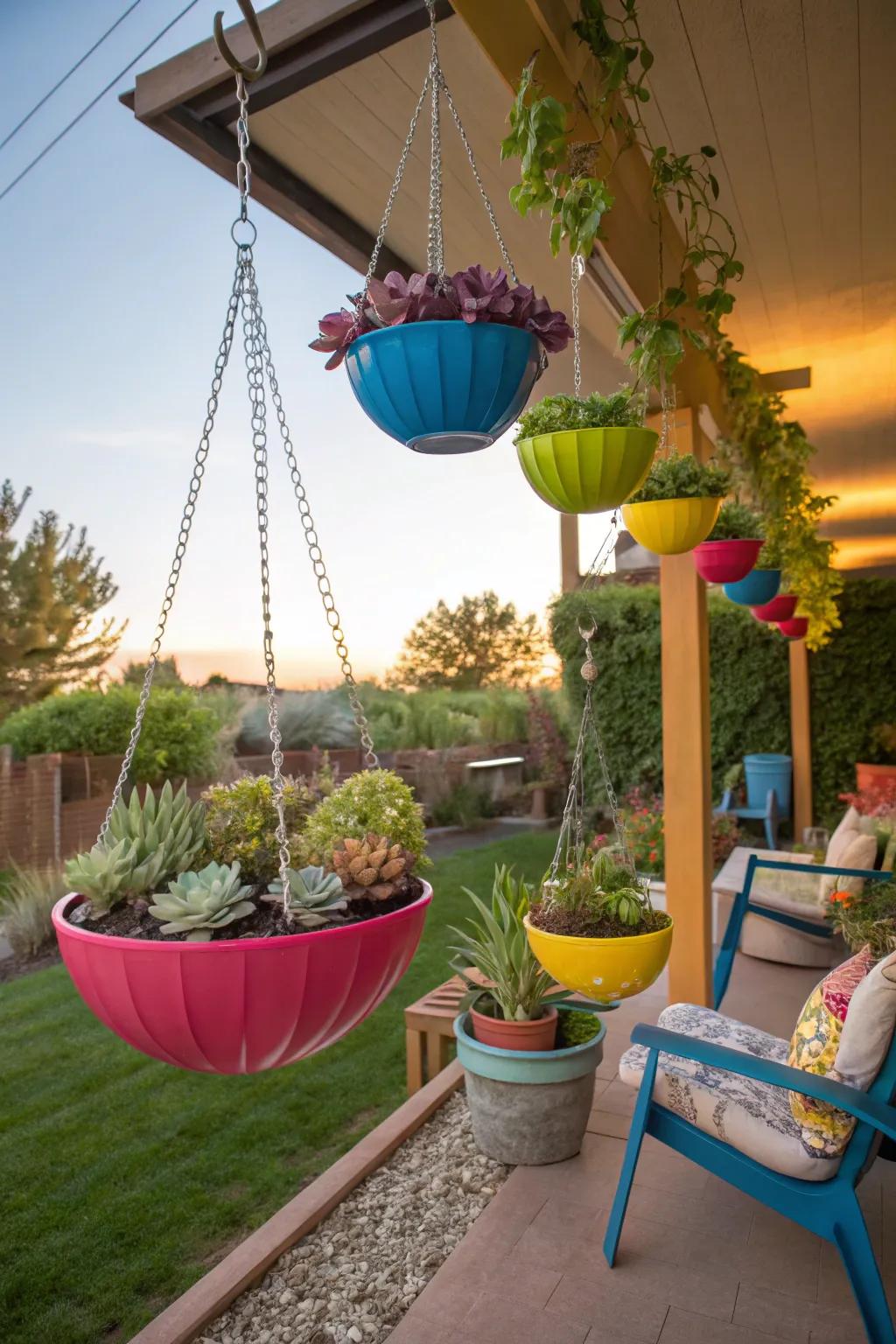 Hanging pots add vertical appeal.