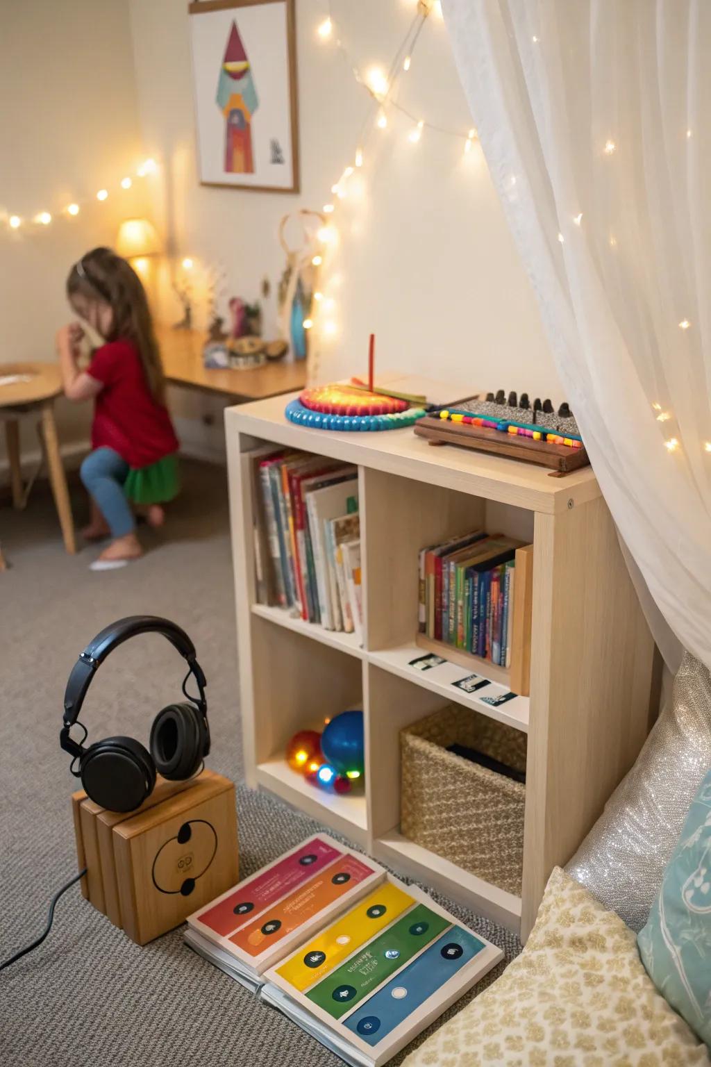 A audio station adds a calming auditory layer to the serene corner.