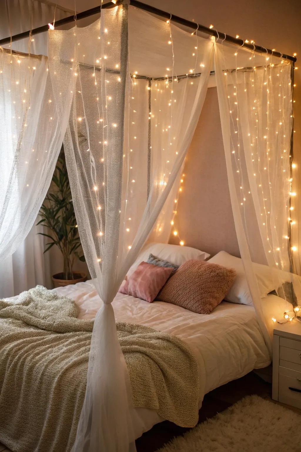 A canopy bed with see-through fabric and twinkle lights.