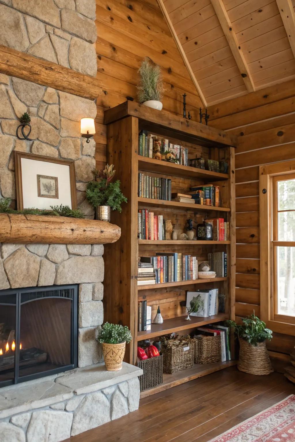 Repurposed timber shelving adds character and functionality to the cabin.