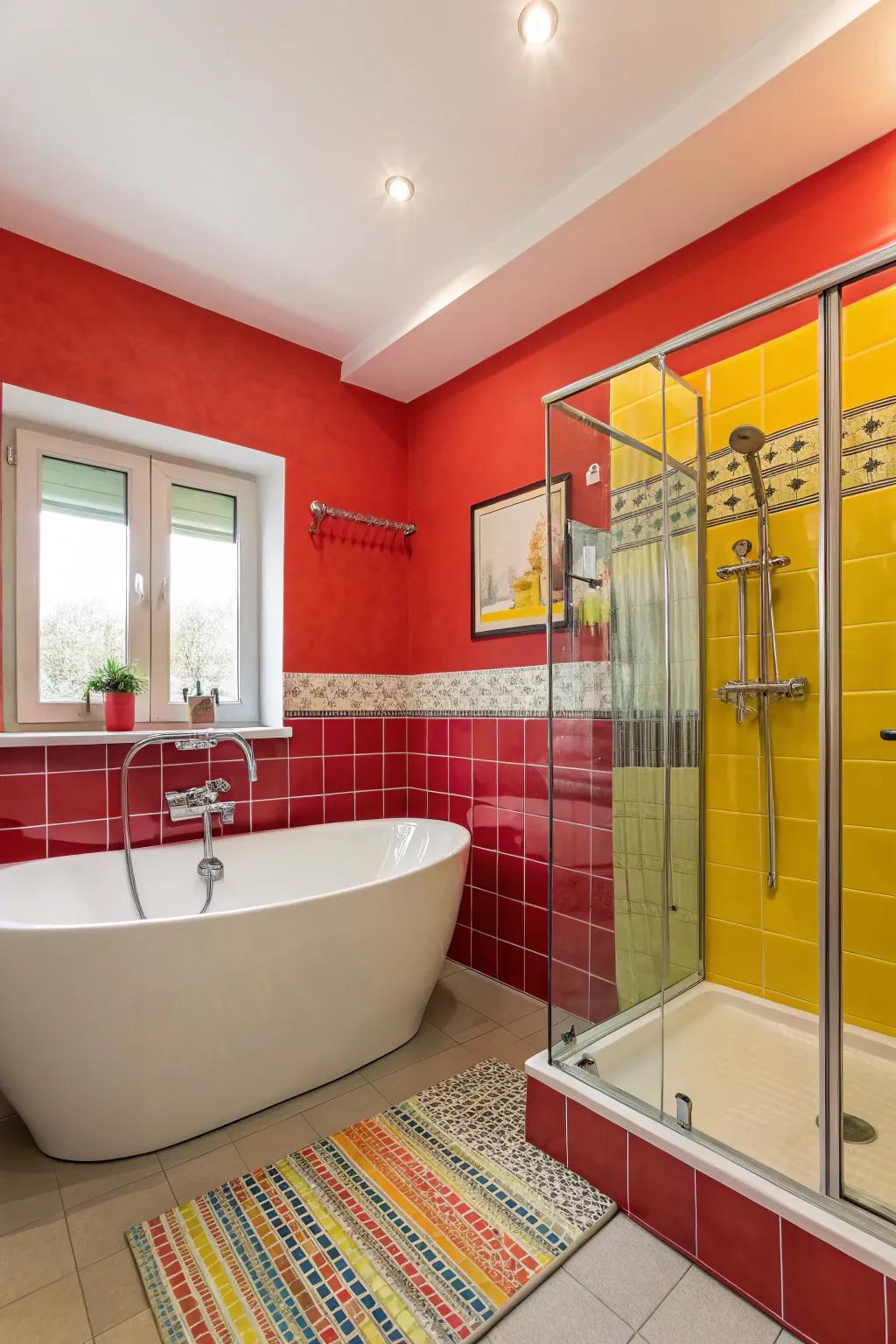 A bathroom with a striking color scheme that invigorates the entire space.
