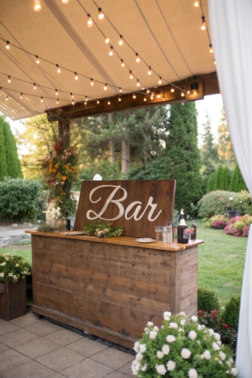 Personalized decorations give a distinctive touch to this outdoor bar.